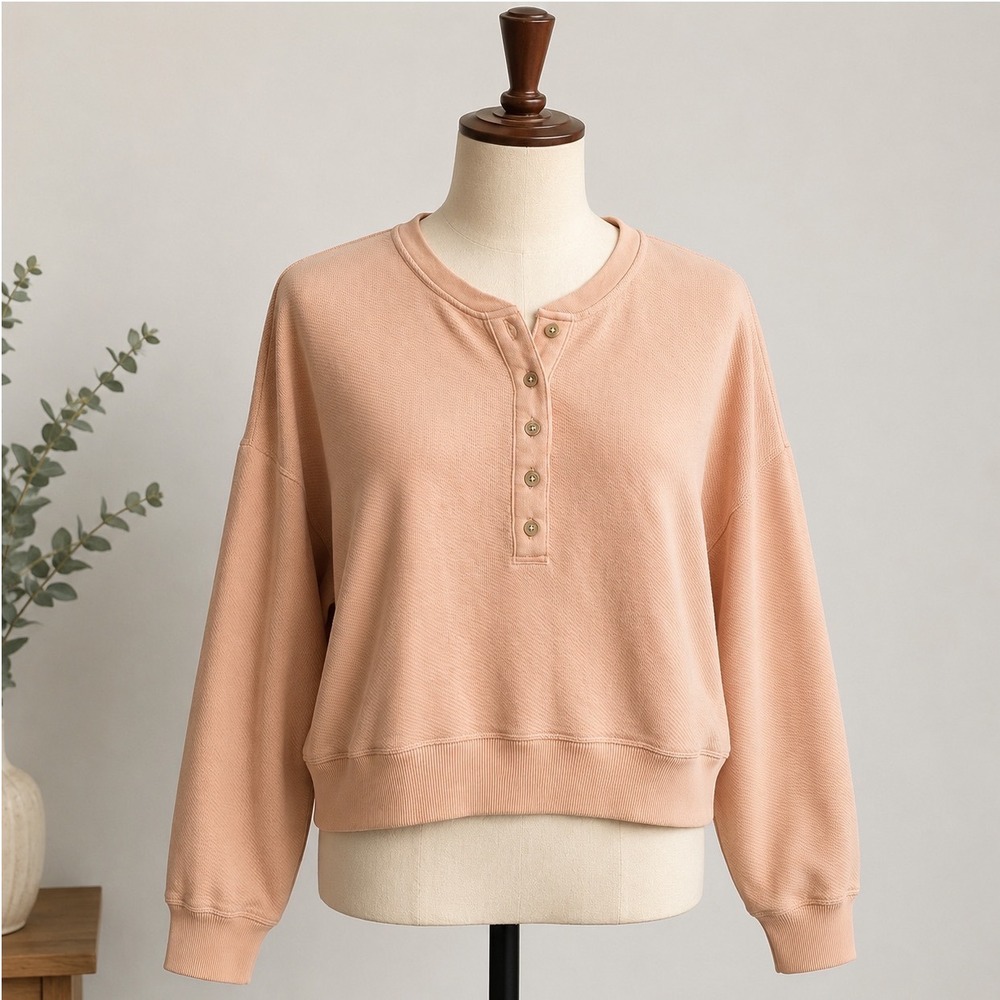 American Eagle Henley Sweatshirt Womens Small Peach‎ Relaxed Waffle Knit Cropped